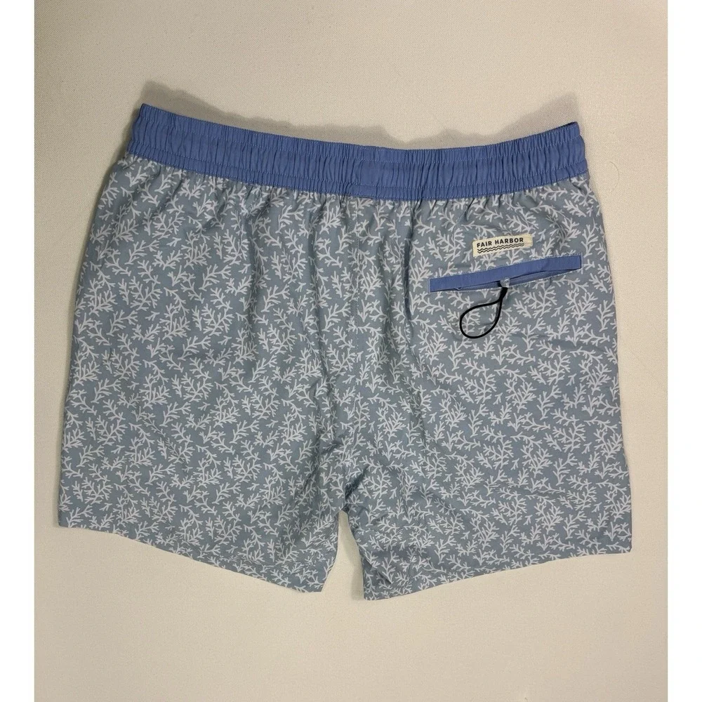 Fair Harbor Swim Trunks Mens 2XL Blue White Floral Performance Lined Shorts 7”